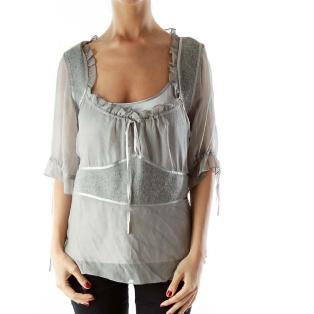 Zoe D. Gray Wool Silk Layered Blouse with Sash